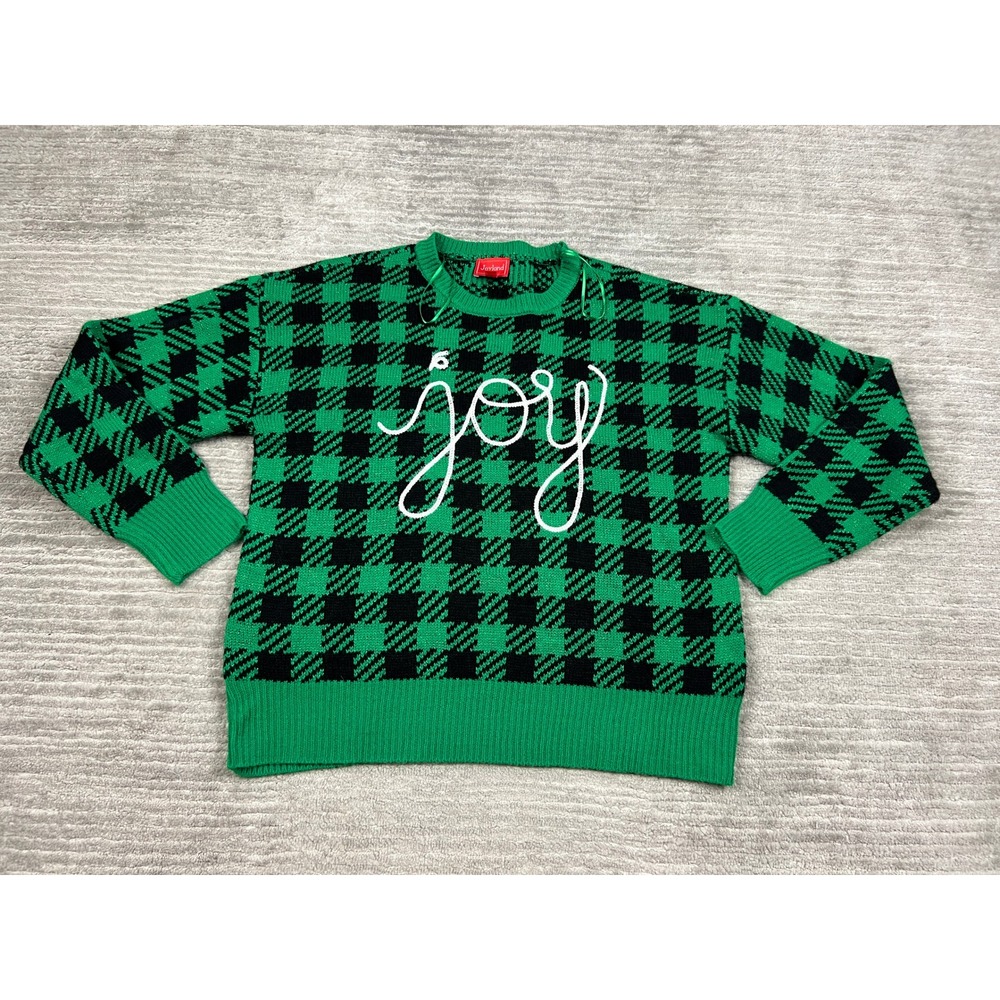 Joyland Sweater Womens M Green Joy Buffalo Plaid Metallic Knit Holiday Pullover